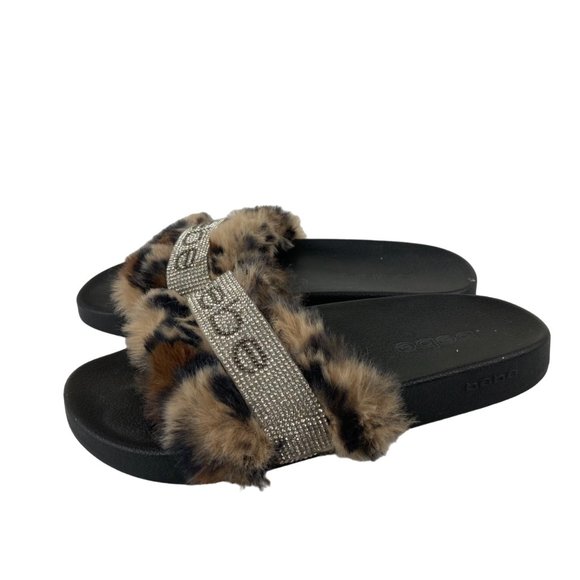 bebe Shoes - Bebe Womens Sz 8 Leapord Furry Rhinestone Slip On Slide Sandals Slippers Flats
